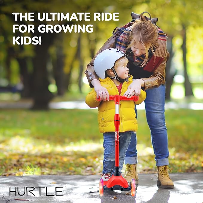Hurtle Mini Kickboard 3 Wheel Scooter for Kids Ages 2-5 - Lean-to-Steer Toddler Scooter with Light-up LED Wheels, Adjustable Height & Rear Foot Brake for Boys. & Girls, Anti-Slip, Indoor/Outdoor