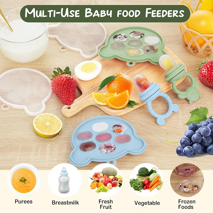 Baby Breastmilk Popsicle Molds & Fruit Feeder (2 Pack), Baby Food Freezer Tray Storage Containers, Silicone Teething Pacifier Feeder and Teether for Babies - Sky Blue