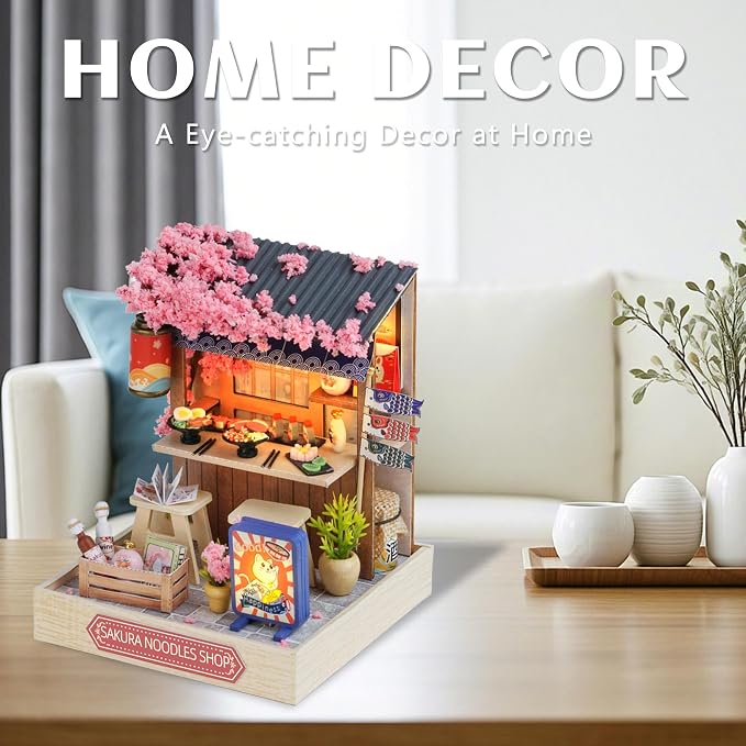 Kisoy Dollhouse Miniature with Furniture Kit, DIY 3D Wooden DIY House Kit with Dust Cover, Handmade Tiny House Toys for Teens Adults Gift (Sakura Noodles Shop)