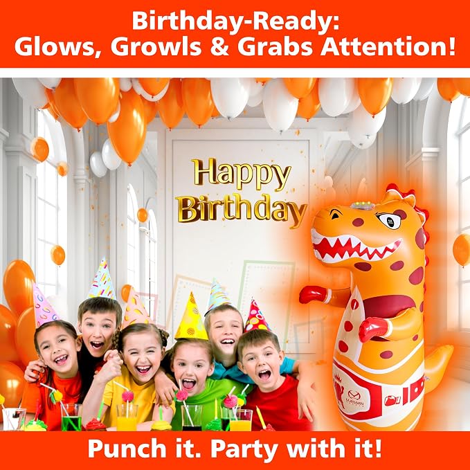 Marwan Sports Dinosaur Punching Bag for Kids Ages 3-10 — 47" Sensory Bop Bag, Glow-in-the-Dark with Roaring Sounds & Color Changing Lights | Indoor Energy Burner & Birthday Gift for Active Kids