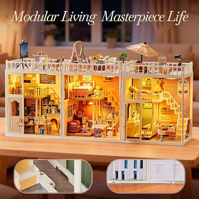 DIY Miniature House Kit for Kids 8+ โ Cozy Home Tiny House with LED Light, Living Room, Kitchen & Swing Balcony, Dollhouse Mini Room Building Craft