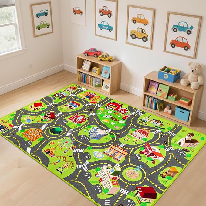 Kids Car Rug Play Mat with 12 Toy Vehicle Set, Kid Road Playmat Rug for Toy Cars, Cars Play Rugs Town City Map Carpet, Car Track Rugs for Kids Boys Playroom Bedroom (60"X36", City Map+Vehicle)