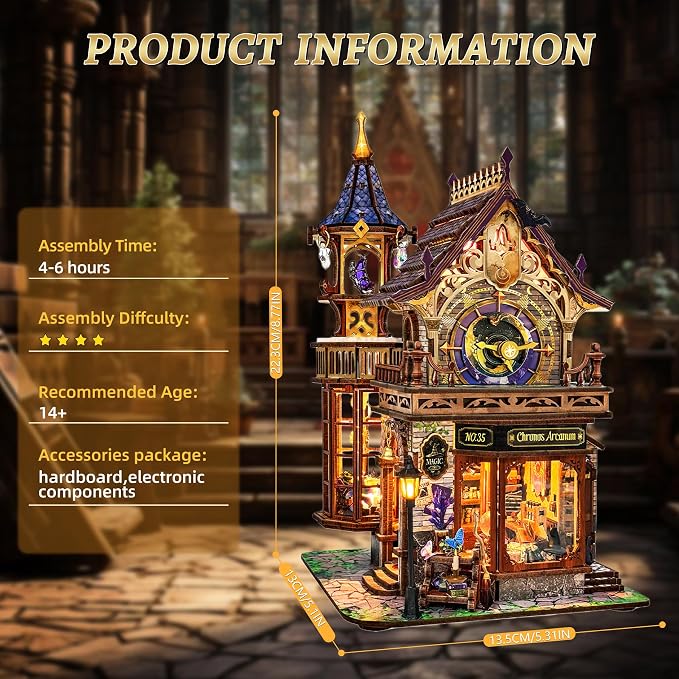 SUNNINO Miniature Dollhouse Kit, 3D Wooden Puzzles for Adults Mini House Building Kit with LED Lights Christmas Birthday Gifts Book Nook Kits Bookshelf Decor for Adults and Teens, Time Magic Club
