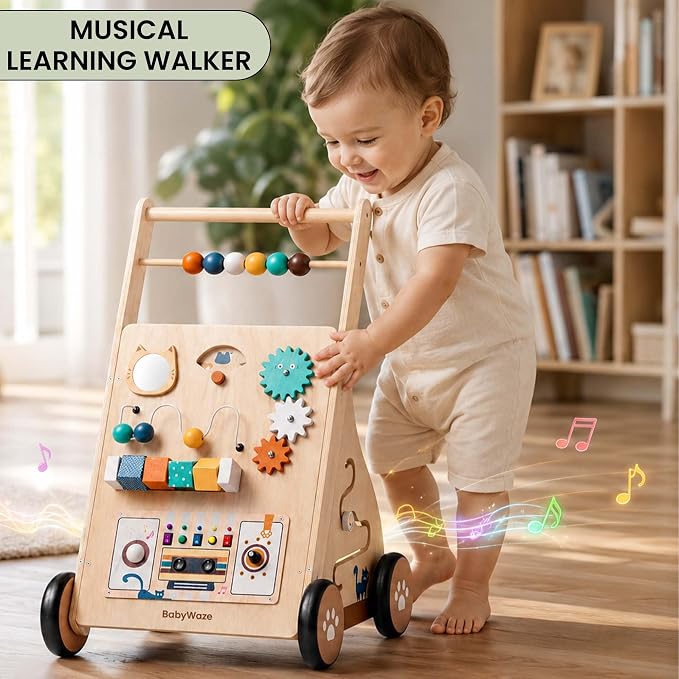 Baby Walker with Wheels - Adjustable Speed Wooden Push Walker for Babies 9-18 Months, 3in1 Montessori Sit to Stand Learning Toy with Musical Board, Shape Sorter & Bead Maze, Boys Girls