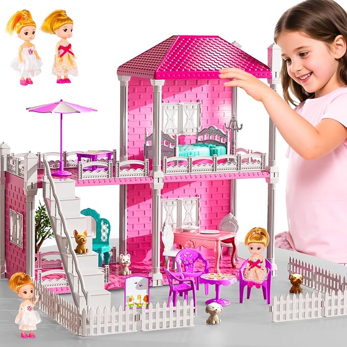 JUKUDAHU Villa Playset for Girls Ages 3-7, Indoor Playset Girls Toys with 2 Storeys 3 Rooms 2 Dolls for Ages 6-8, Furniture and Accessories, Pretend Toddler Toy, Birthday Gifts for Kids 3 4 5 6 7 8