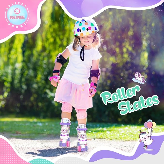 SULIFEEL Rainbow Unicorn 4 Size Adjustable Roller Skates for Girls Boys for Kids Ages 3-5 5-8 6-12 Children Skates Indoor Outdoor