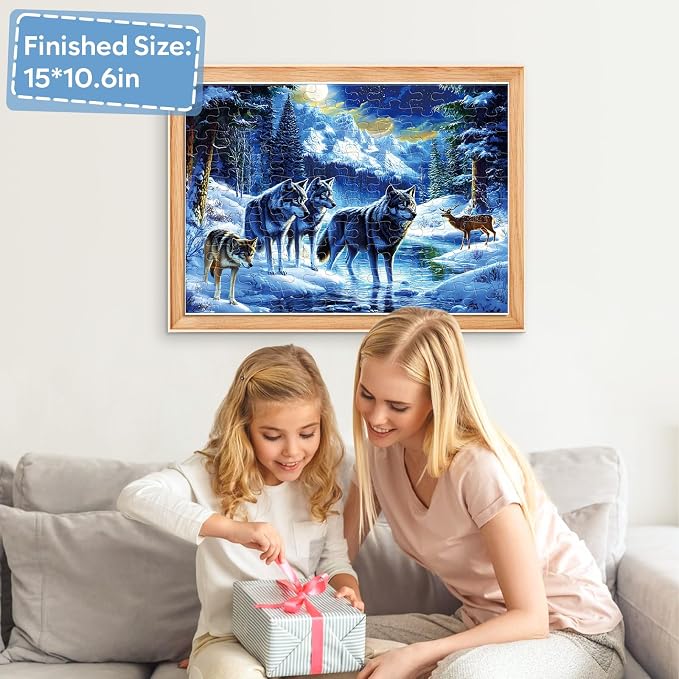 Jeacirio 100 Piece Jigsaw Puzzle for Kids Ages 6-8 8-10, Wolf Family in Snowy Mountain Forest, Educational Animal Puzzle, Screen-Free for Boys Girls