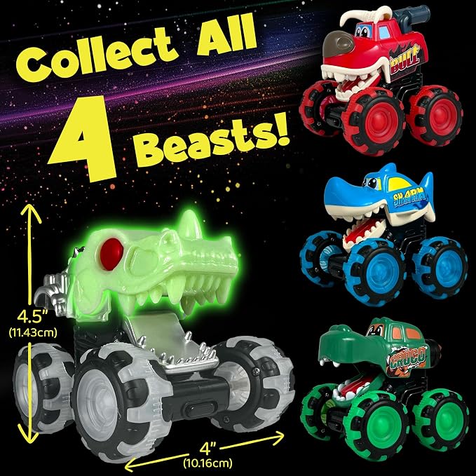 Stargo 3 Pack Monster Truck Toy - Motion Activated Light-Up Cars for Toddlers Bull, Shark, Glow in the dark Skull Pull Back Lightning Wheels Press & Go Cars for Easter Basket Stuffers & Birthday Gifts