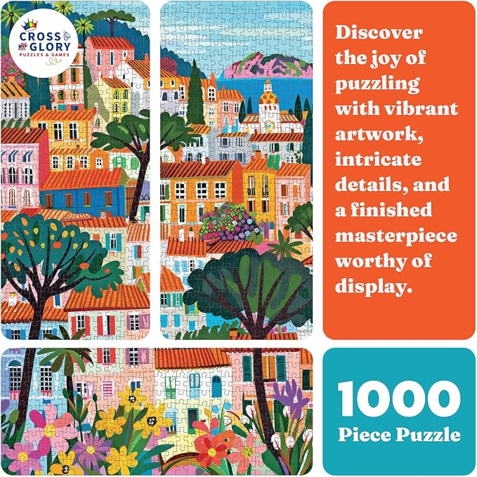Cross & Glory – A Bright Day in Cannes – 1000 Piece Jigsaw Puzzle for Adults | Modern Folk Art French Riviera Scene | Minimalist, Colorful Travel Puzzle