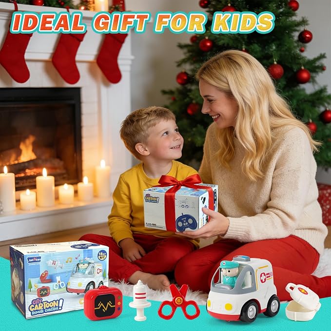 Remote Control Car for Kids - Cartoon RC Ambulance Toy for Toddlers 18+ Months, Ages 2 3 4 5 Years Old, Birthday Gifts for Boys with Lights & Sounds & Music