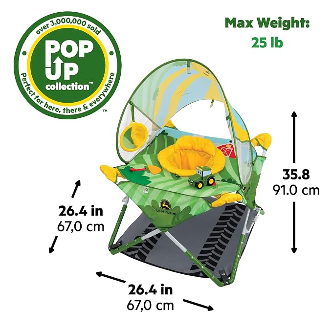 Bright Starts John Deere Pop 'N Jump Portable Baby Jumper, Foldable Indoor/Outdoor Baby Jumper with Sensory Activities, Ages 6–12 Months