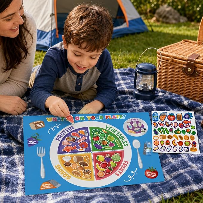 Cinrobiye 24 Set My Plate Food Stickers Preschool Vegetables Fruit Protein Grains Food Diary Early Learning Play Kit My Plate Food Chart Stories Games for Home School Classroom Supplies (Square)