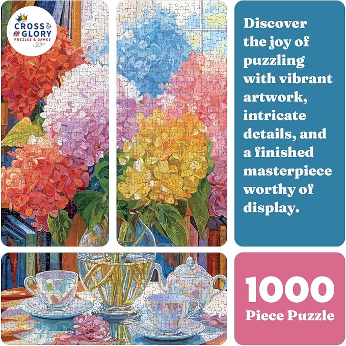 Cross & Glory – The Color of Calm – 1000 Piece Jigsaw Puzzle for Adults | Elegant Hydrangea Still Life Art Puzzle | Premium Quality 1000 Piece Puzzle for Adults