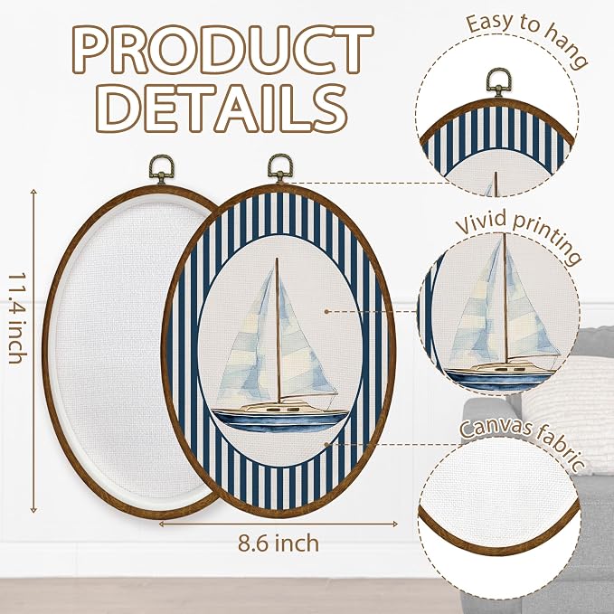 WULQYING Coastal Sailboat Nautical Nursery Wall Art Decor, Kids Room Oval Framed Canvas Art Prints, Blue Striped Sailboat Wall Hanging Decor for Kids Toddler Boy Room Bedroom Playroom, 8.6x11.4 Inches