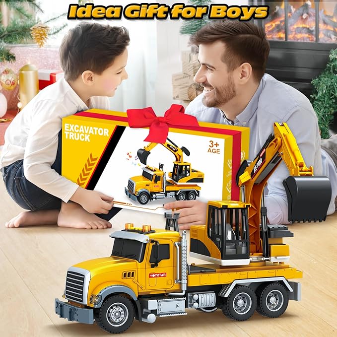 Bstoyder Kids Toys for 3 4 5 6 7 8 Years Old Boys, 15" Excavator Truck Toy with Lights, Sounds, Toddler Friction Powered Truck Vehicle Toy for Boys Girls Birthday Gifts