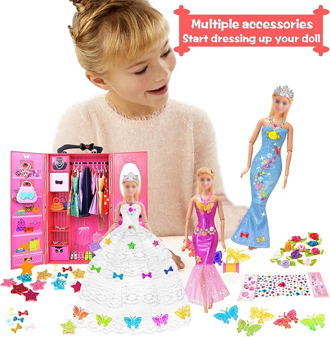 139pcs 11.5-inch Fashion Doll and Wardrobe Playset: Wedding Dress, Outfits, Shoes, Bags, Necklace, DIY Stickers Accessories
