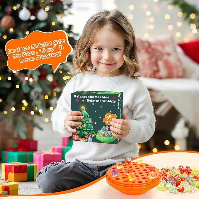 Marble Balance Game - 50 Colorful Marbles with Built-in Storage, Fun Family Challenge for 1-4 Players, Educational Toy for Kids & Adults, Perfect for Parties, Travel & Birthday Gifts (Pumpkin Orange)