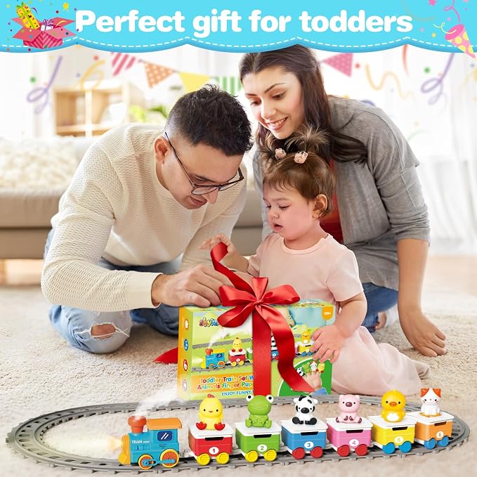 Learning Toy for Toddlers Ages 2-4, Electric Toys Trains with Lights, Music & Steam, Counting, Matching & Sorting Montessori Toy with 6 Finger Puppets, Birthday Xmas Gifts for Baby Boys Girls 18M+