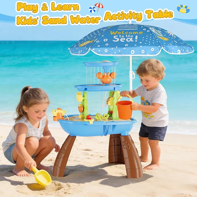 Kids Sand Water Table for Toddlers with Umbrella/Water Pumb, 3-Tier Outdoor Water Sand Play Table Beach Toys, Summer Splash Activity Sensory Table Party Birthday Gift for Kids 3 4 5 6 7 8
