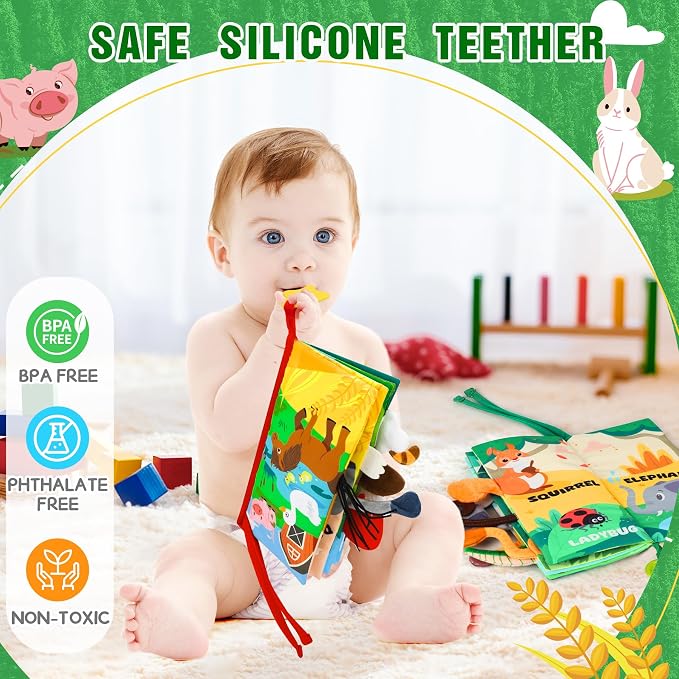 BBWOO Soft Baby Book Toy - Newborn Boy Girl Shower Gift - Tummy Time Toy for Infant 0-6 6-12 Months - Touch and Feel Sensory Crinkle Book with Teether - Baby Boy Girl Gift 2PCS