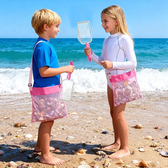 fethwoin 2Pcs Shark Tooth Sifter with 2Pcs Mesh Shell Bags, Beach Sand Sifter, Sea Shell Scooper for Beach, Sand Beach Toys for Kids, Medium, Pink