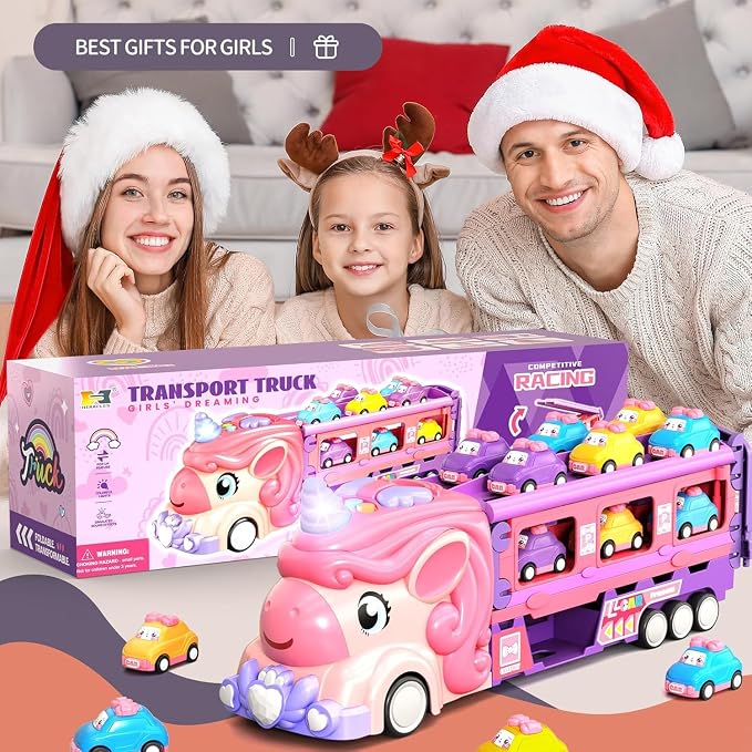 Girls Toy Cars Set Unicorn Toys Truck - 8 Princess Cars Set & 2-Player Fold Out Track with Light & Sound - Monster Catapult Race Tracks Best Birthday Gifts for Age 3 Year Old Toddler Kids 3-5