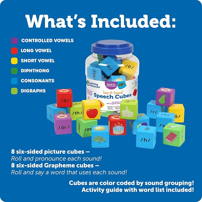 Learning Resources Say-a-Sound(TM) Speech Cubes, Preschool Learning Activities, ABC Flash Cards, Speech Therapy Toys, Gifts For Kids, Ages 3+, 16 Pieces