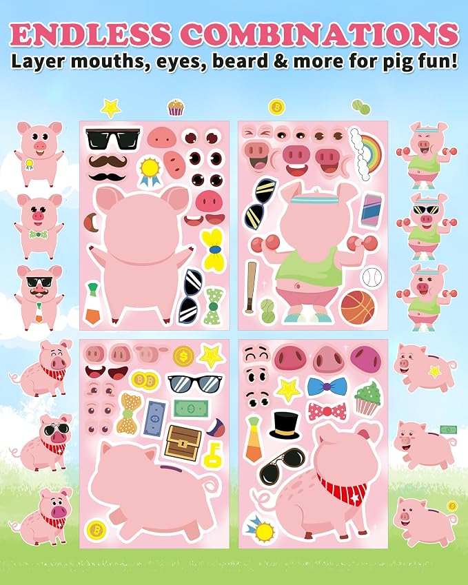 Aowplc 30 Sheets Make a Pig Stickers – Cute Piggy Mix & Match Stickers for Kids – Party Favors, Farm Animal Crafts, School Projects & Classroom Activities