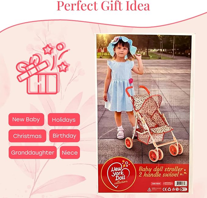 Baby Doll Stroller for Toddler Girls & Big Kids up to 8 Years Old | 28” Baby Stroller for Dolls, Toy Baby Stroller with Cute Coral Floral Print, Mesh Storage Basket, Canopy, Handle Grips, Rubber Tires