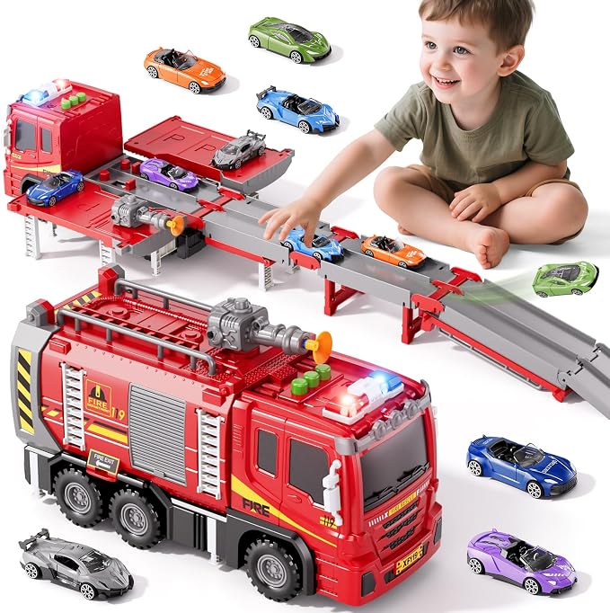 Fire Trucks Toy Set for Boys Age 3-5 4-7, Fire Car Truck for Toddlers 3 4 5 6 Years Old, Transport Truck Christmas Birthday Gifts Race Car Sets, Kids Toddlers Firetruck Toys with Light Sound Shooting
