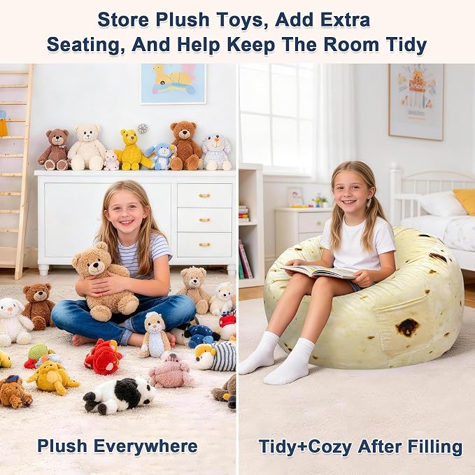 Lukeight Burrito Stuffed Animals Storage Bean Bag Chair Cover for Kids Teens, Cozy Velvet Plush Toy Organizer Seat, Cover Only, No Filling Included, Long YKK Zipper, Side Pocket, XX-Large 36 x 20 in