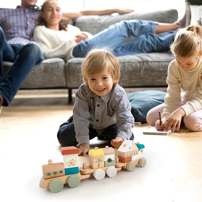 Freniland Wooden Train Set 18PCS Blocks Train Toy DIY Educational Building Stacking Train Gift for Toddlers 18M+