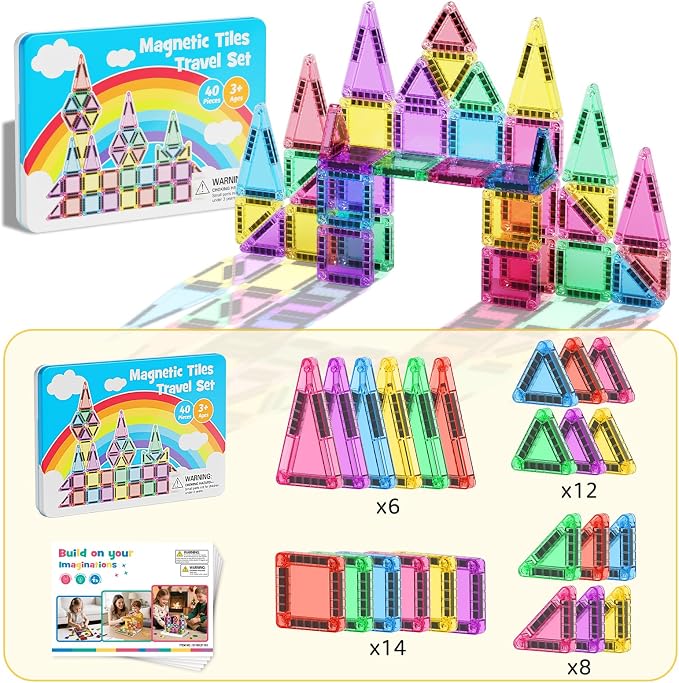 Mini Magnetic Tiles for Kids Travel: 40 PCS Pocket Magnet Building Blocks in Tin Box to Stop Crying - 60 Mins Quiet Play at Church Restaurant - Boys Girls Age 3-8