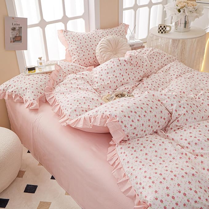 Garden Pink Floral Comforter Set Twin XL French Style Girls Flowers Comforter Fluffy Soft Chic Floral Bedding Set Vintage Botanical Ruffled Comforter with 2 Pillowcases Pink Flower Lace Comforter Set