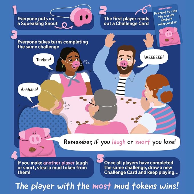 Snort Funny – The Oinkredible You Laugh You Lose Party Game, Family Games for Kids and Adults w/ 150 Challenge Cards, 5 Pig Snouts & Mud Tokens, Funny Games for Friend & Family, 4-8 Players, Ages 8+