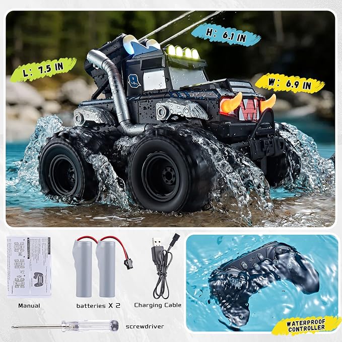 3-in-1 Amphibious Remote Control Car, RC Boat/Water Gun, 2.4GHz All Terrain Waterproof Monster Trucks for Boys Age 4-7 W/2 Batteries 70 min, Birthday Gift Pool Toys for Kids Ages 4-8