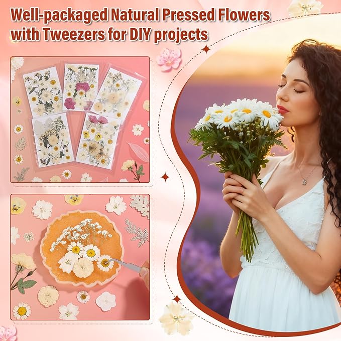Dried Pressed Flowers for Resin, Real Pressed Flowers Dry Leaves Bulk Natural Herbs Kit for Scrapbooking Art Crafts Epoxy Resin Jewelry Mold Candle Soap Making Nails Dรฉcor (White & Pink Floral)