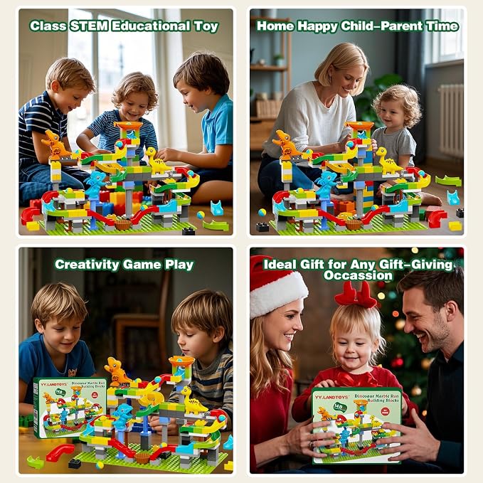 Dinosaur Marble Run Building Blocks, 148PCS Compatible with LEGO DUPLO Marble Runs for Kids 4-8, Montessori Educational Learning STEM Toys, Dinosaur Toys for Kids 3-5, Toddler Toys for Age 3+, Gift