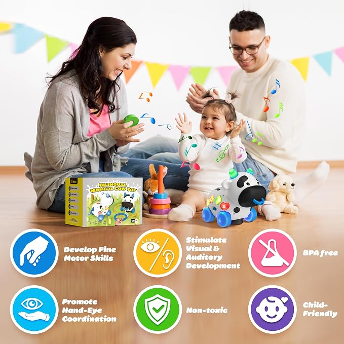 Baby Toys 6-12 Months, Bilingual Musical Cow Crawling & Pull Along Toy, English Spanish Learning Toy with Lights, Animal Sounds, ABC & 123 for Toddlers 12-18 Months, First Birthday Gift for Boys Girls