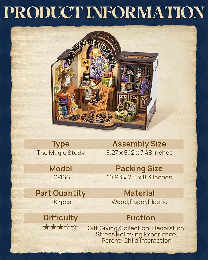 Robotime DIY Miniature House Kit, 1:18 Magic Study Diorama Dollhouse with LED Lights, 3D Wooden Puzzle for Adults, Craft Hobby Gift for Women Men Teens