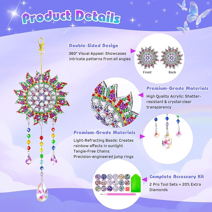 5Pcs Diamond art Kits for Kids/Adults, Crafts for Kids Ages 8-12, DIY Diamond Painting art Wind Chimes Crystal Window Suncatcher Craft, Birthday Gifts for 7 8 9 10 11 Year Old Girls, Home Garden Decor