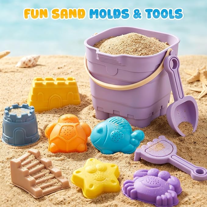 AuntyFey 11Pcs Silicone Beach Toys, Baby Beach Sand Toys, Sand Sandbox Toys for Toddlers 1-3, Collapsible Sand Buckets for Kids with 4 Plastic Sand Mold, 3 Silicone Castle Sand Mold and Mesh Bag