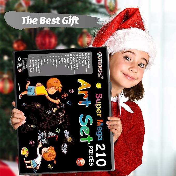 GOTIDEAL Kids Art Kit,Art Supplies for Kids,210 PCS Art Set with Double Sided Trifold Easel,Coloring Book, Crayons, Markers, Watercolor Pens, Arts & Crafts,Gift for 4-12 Year Old(Black)
