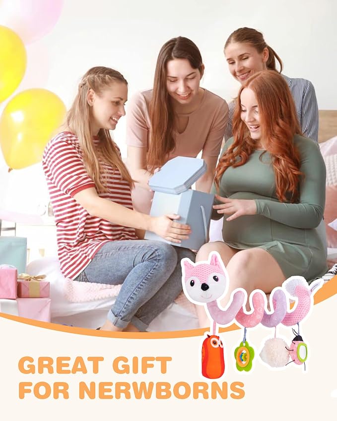 Jollybaby Crib Stroller Car Seat Toys for Baby 0-3-6-9-12 Months, Tummy Time Hanging Sensory Toys for Newborn with Music Box and Teether, Spiral Carseat Toy for Infant Boys Girls Gift (03-Orange Fox)