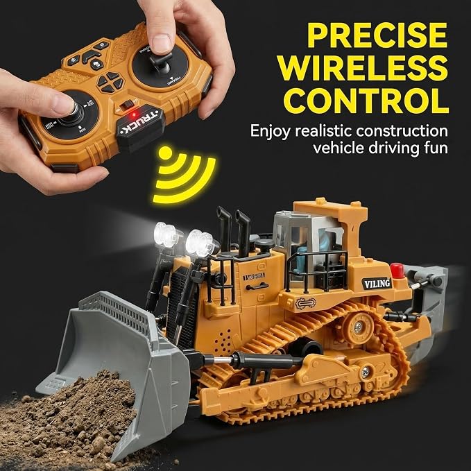 RC Bulldozer Toy,9-Channel rc construction vehicle bulldozer toys for boys rc dozer Simulated Construction Site Toy, LED Lights & Sound, All-Terrain Tracked Dozer 3 4 5 year oldGift for Birthday
