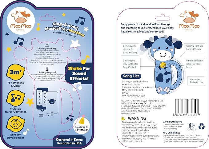 MooMoo Baby Musical Toy, 4‑in‑1 Light‑Up Sensory Toy & Teether for 3–24 Month Babies, BPA‑Free with Easy‑Grip Handle, Cute Cow‑Shaped Travel Toy for Car Seat & Stroller (Blue)