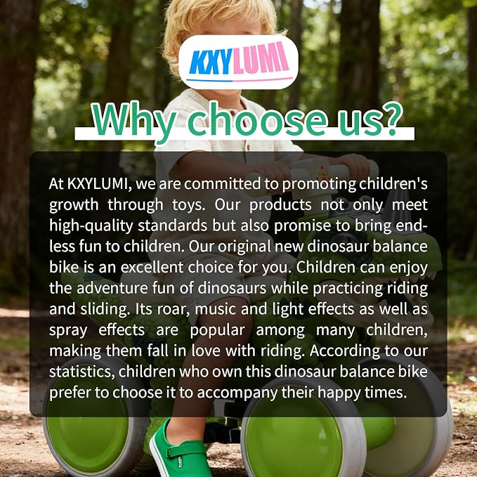 Dinosaur Balance Bike for 1-3 Year Olds, 4-Wheel No-Pedal Bike for Walker, Ride on Toys for Toddlers with Music and Mist Spray, First Birthday Gift for Boys & Girls (Green)