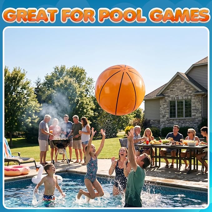 24-Inch Giant Beach Balls - (3-Pack) Inflatable Basketball Beach Balls - Extra Large Blow Up Pool Balls for Kids, Summer Pool Toys, Basketball Party Decorations & Sports Theme Decorations