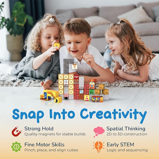 49PCS Mini Magnetic Blocks Construction Theme Travel Set for Kids Ages 3-8, STEM Magnetic Building Cubes Toy with Iron Storage Box, Portable Educational Sensory Toy for Boys Girls
