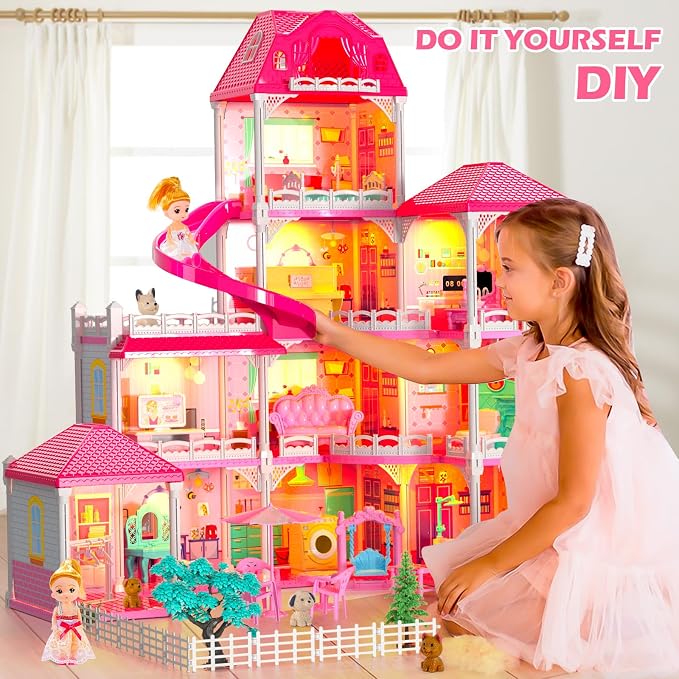 Dollhouses for Girls, Housetoys with Furniture, 4 Floor 10 Rooms DIY House Slide Accessories, Toddler Playhouse with 2 Princesses, Toys for for 3 4 5 6 7 8 9 10 Year Old Girls